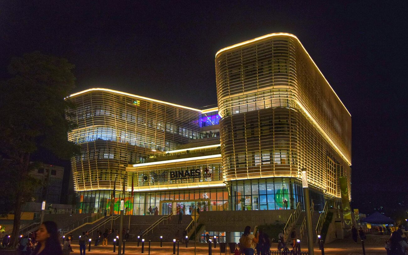 The National Library of El Salvador (BINAES) lit up at night in San Salvador.