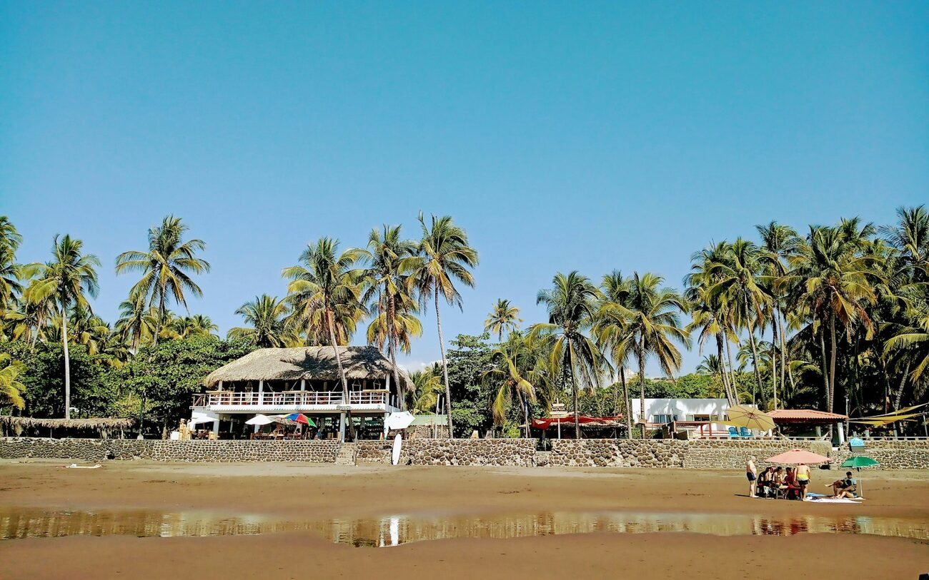 Palm trees and beach huts at El Zonte, El Salvador.