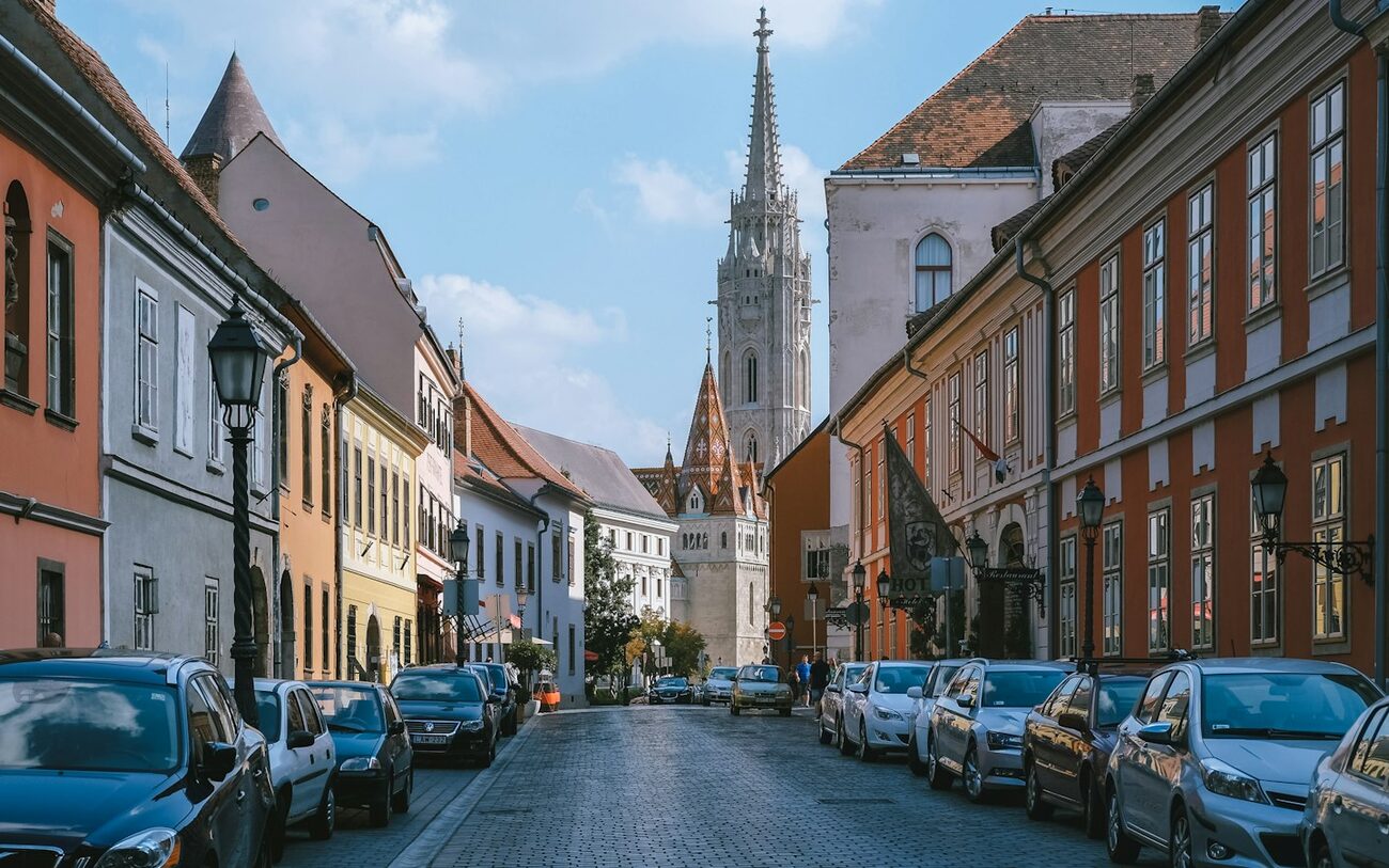 A street in the Buda Castle district leading toward Matthias Church, Budapest.